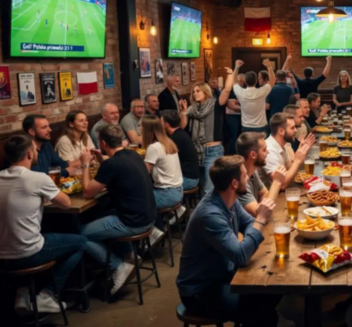 Bar FAUST ŁUKASZ MALINOWSKI podczas wieczoru sportowego z gośćmi oglądającymi mecz na dużych ekranach.