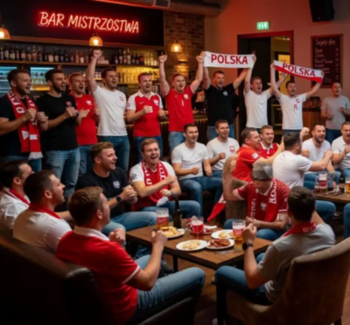 Transmisja sportowa na żywo w barze z dużymi ekranami w Polsce