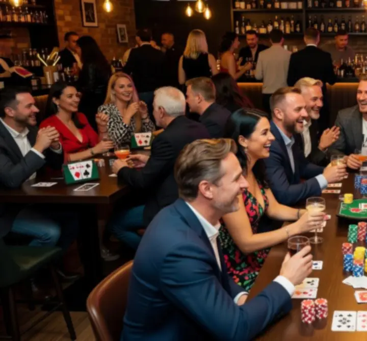 Tematyczny wieczór pokerowy z graczami przy stolikach i atmosferą klubu